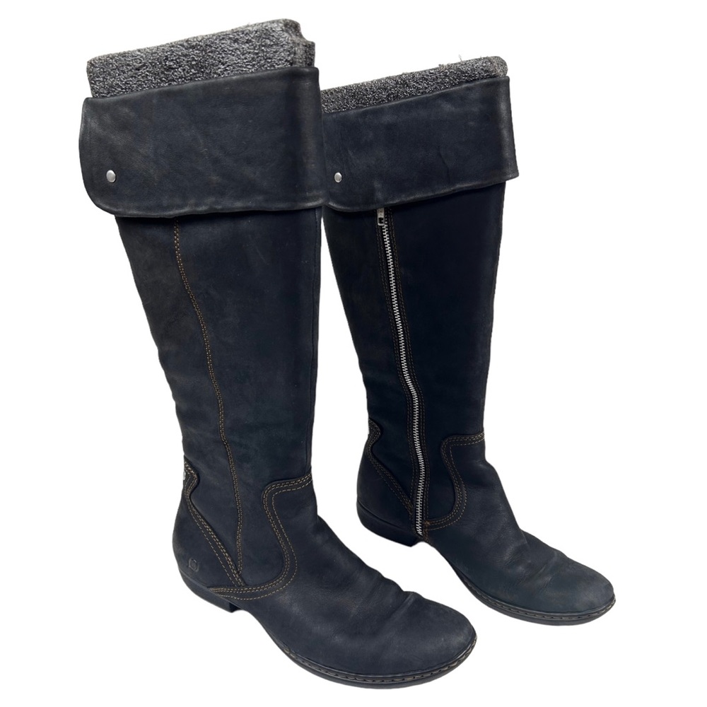 Born Tall Fold-Over Leather Riding Boots in Black with Gray Trim - Picture 7 of 15